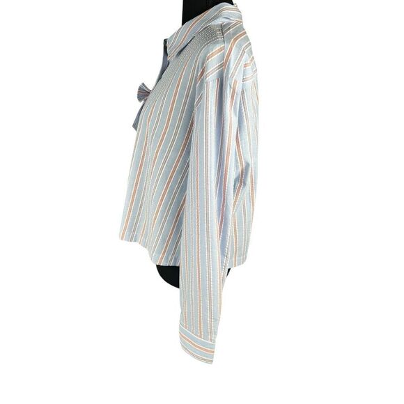 Nanette Lepore Women's Large White Stripe Bow Poplin Button-Up Shirt blouse - Picture 5 of 10